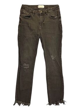 Free People Washed Out Black Distressed Ankle Crop Jeans Raw Frayed Hem